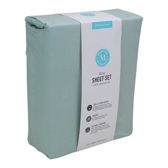 Martha Stewart King Sheet Set Cotton Percale 200 Thread Count Green - Picture 9 of 9